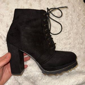 Black Faux Suede Chunky Heeled Booties